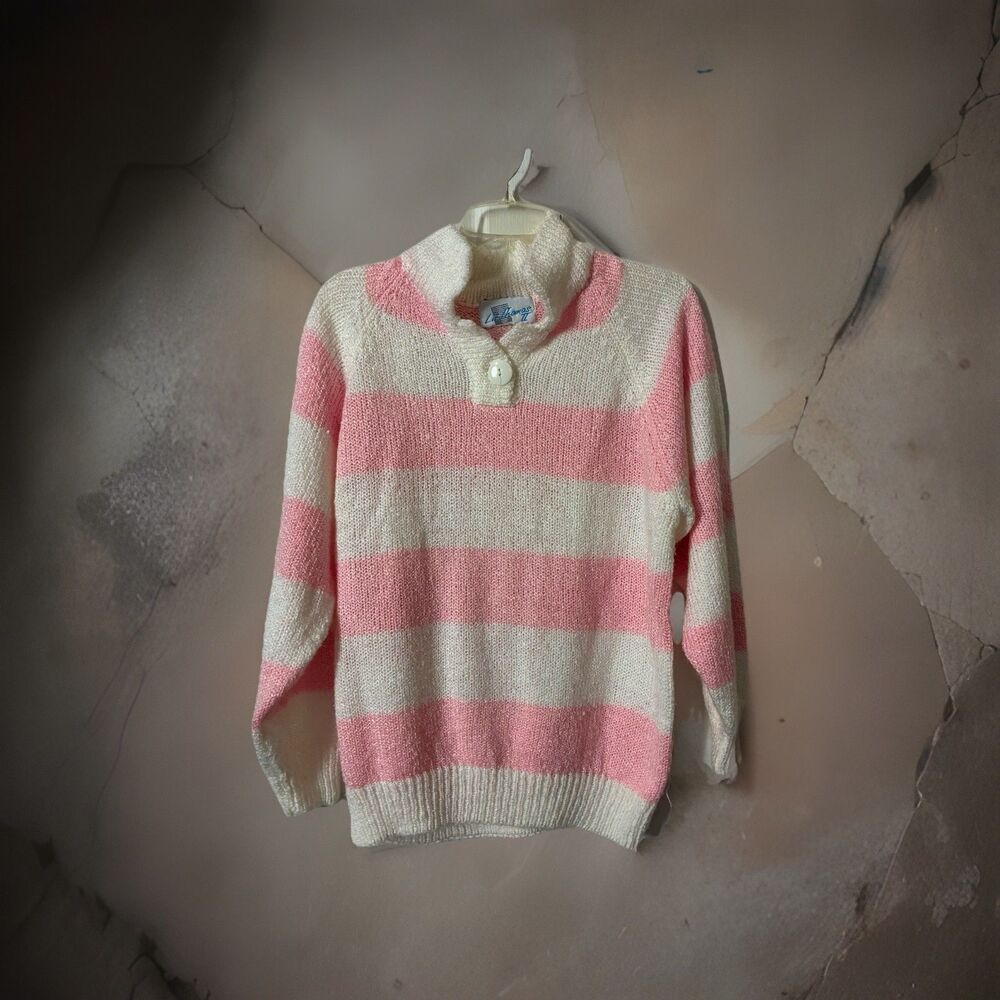 Liz Thomas Vintage Knit Sweater Sz 42/22W Pink White Chunky Stripes Collared